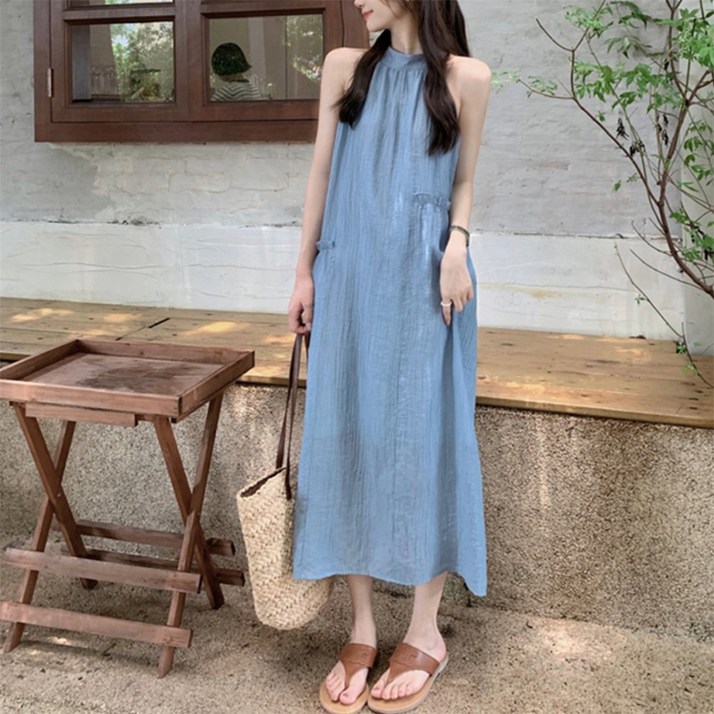 니즈플리 링클 민소매원피스 여성스러운원피스 A라인원피스 바캉스원피스 솔리드원피스