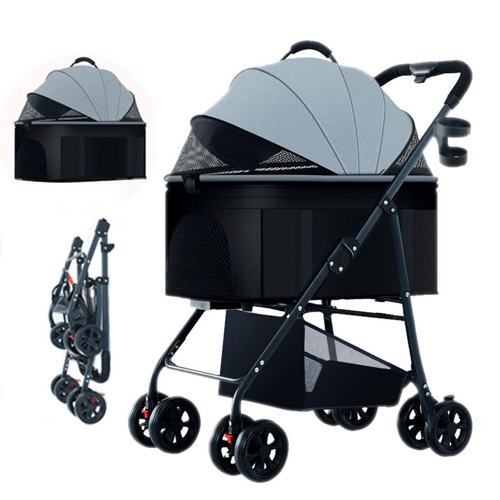 포조이 강아지 유모차 접이식 탈부착 대형 강아지/고양이 유모차, 그레이, 1개