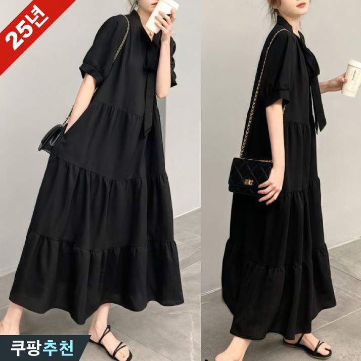 완전 편한 100kg까지 날씬해보이는 여성 블랙 리본 포인트 케이크 박스 원피스 여름 타이 빅사이즈 오버핏 검정 플리츠 쿨 큰옷 여성의류 xl4 햅번 바캉스 a라인 롱원피스