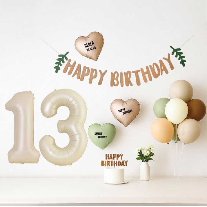 해피제이니 생일 파티 풍선 용품 세트 가랜드 숫자 생일상 (이름 레터링 포함), 1세트, 크림 숫자풍선 13