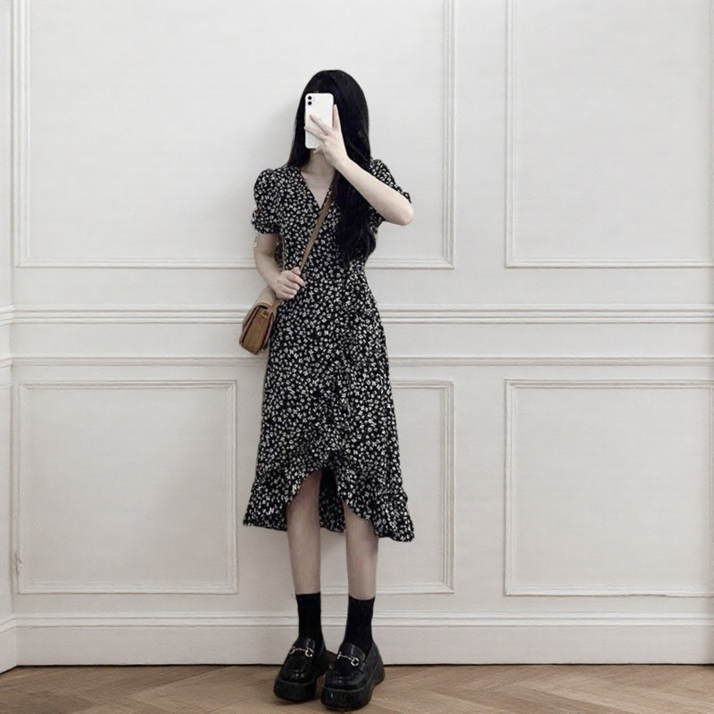 크레스티 여성용 브이넥 벌룬 소매 슬림핏 원피스 여름 머메이드 미디 트임 스커트