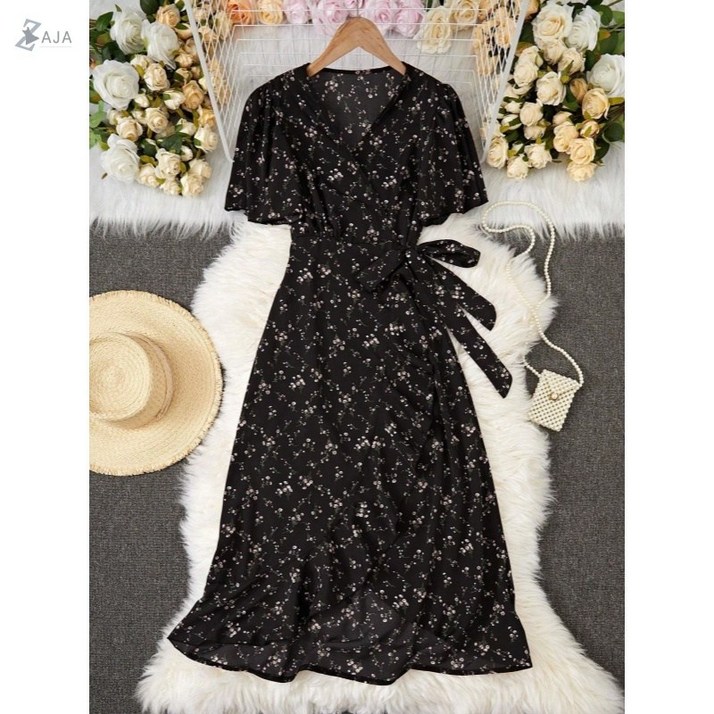 ZAJA 여성 여름 화사한 플라워 랩 원피스 브이넥 슬림핏 퍼프소매 롱 바캉스룩