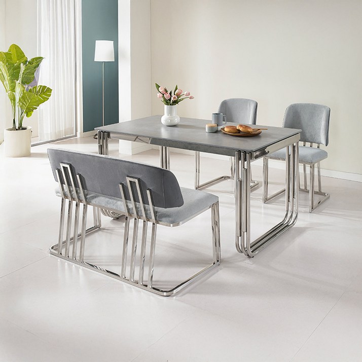 파이핑 통세라믹 실버 4인용 벤치 식탁 SET