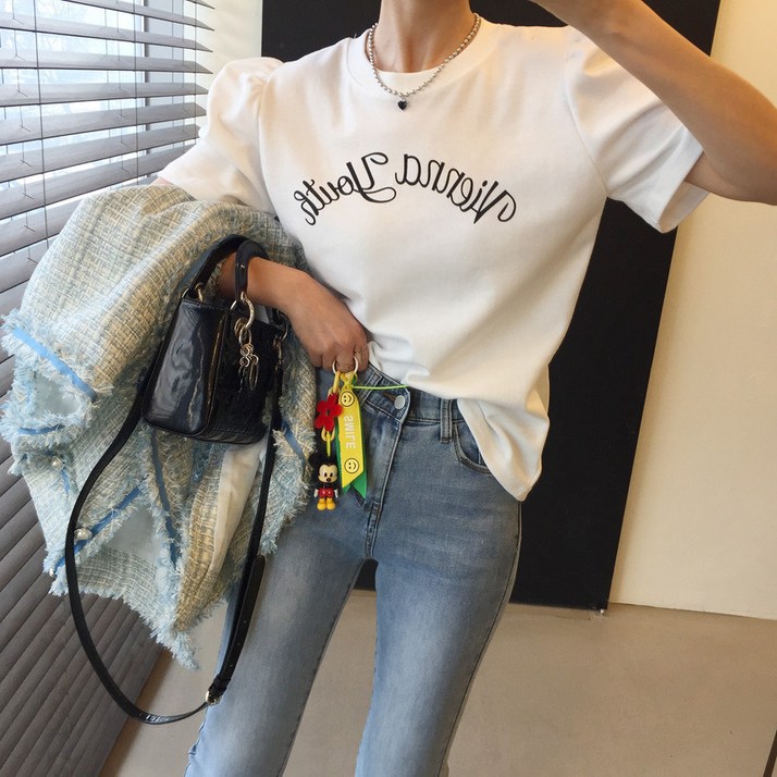센터 레터링 라운드 퍼프 반팔티셔츠 7color 센터 레터링 라운드 퍼프 반팔티셔츠 7color