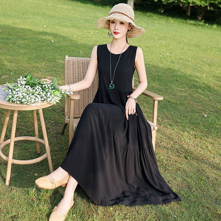 ORZQU 루즈핏 나시 롱원피스 40대 50대 여성 면 심플 민소매 A라인 롱원피스 엄마옷 빅사이즈