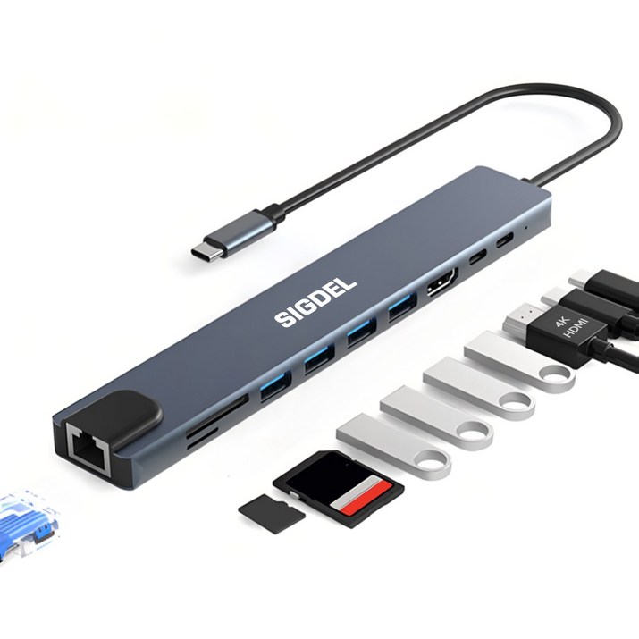 시그델 10in1 C타입 멀티 허브 10포트 이더넷 LAN 4K HDMI PD100W 유선 랜 젠더 C to USB 듀얼 모니터 분배 노트북 컴퓨터 확장 포트 UH03, 메탈실버, 1개