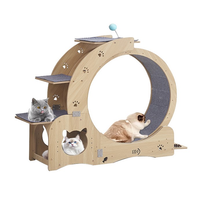 New World 고양이 캣 휠 워커 트레드밀 스크래쳐 펫 롤링 장난감 고양이 러닝머신 고양이 기어오르기 장난감 고양이 그릇 일체형, 1개, 원목색