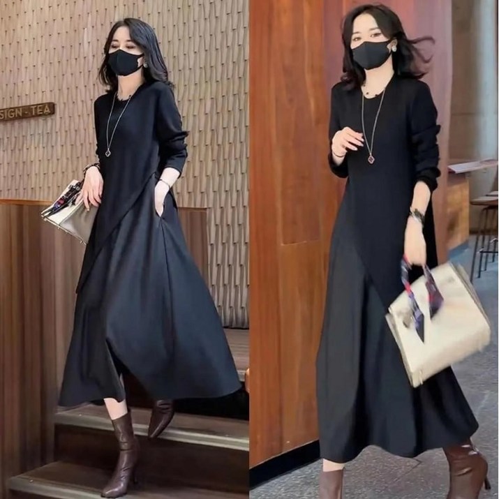 딜마켓 새리원피스  여성 봄가을 깔끔한 사선 포인트 긴팔 원피스