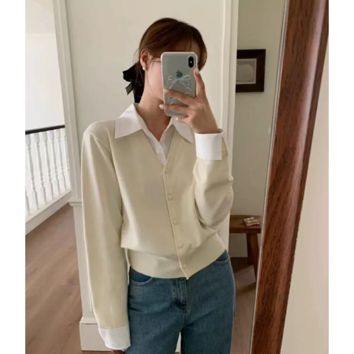 배색 셔츠 레이어드 가디건 셔츠가디건 일체형  4 COLOR