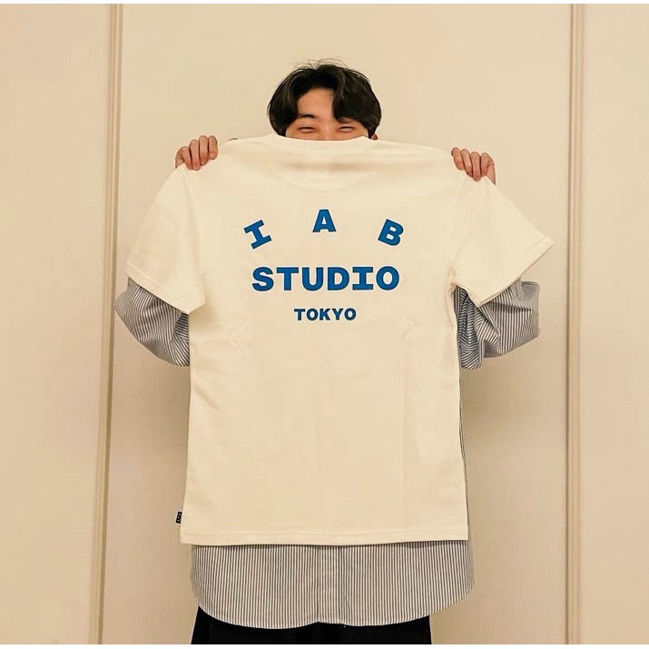 IAB Studio 남성용 코튼 티셔츠, 한국 알파벳 프린트, 반팔, 오버사이즈 티셔츠,