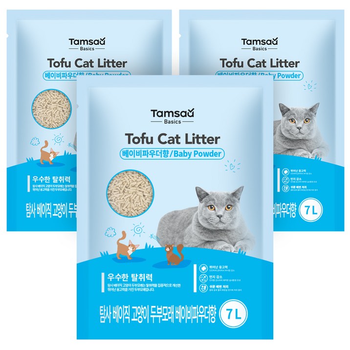 탐사 베이직 프리미엄 고양이 두부모래 베이비파우더향 7L 약 2.8 kg, 3개 탐사 베이직 프리미엄 고양이 두부모래 베이비파우더향 7L 약 2.8 kg, 3개