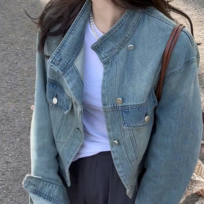 해피유통 여성용 데님자켓 봄 가을 노카라 셔츠 패션 여자청자켓 why 해피유통 여성용 데님자켓 봄 가을 노카라 셔츠 패션 여자청자켓 why