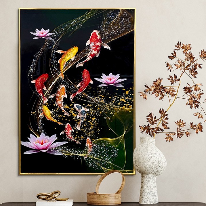 [풍수아트] 보석 잉어 연꽃 그림 황금 풍수지리 인테리어 대형 액자 입체그림 물고기그림