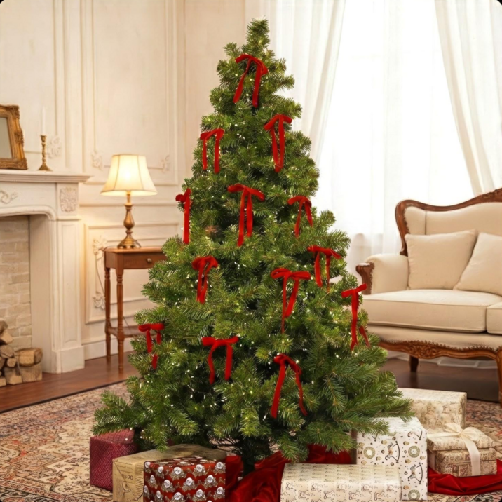 뉴욕 클래식 풀세트 크리스마스 트리 (트리+오너먼트+지네전구), 벨벳리본