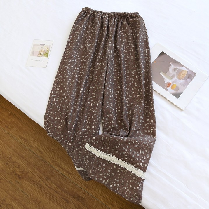 Soyoonlife 여성 잠옷 바지 와이드 와이드 팬츠 러블리 프린트 면 잠옷 바지 여성용 수면 슬랙스 봄 여름용 소프트 여자 바지