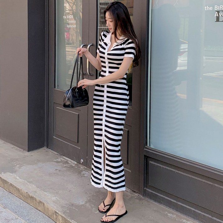 떳다그녀 마렐로 스트라이프 골지 니트 반오픈 버튼 슬림핏 앞트임 단가라 배색 여름 하객룩 롱원피스