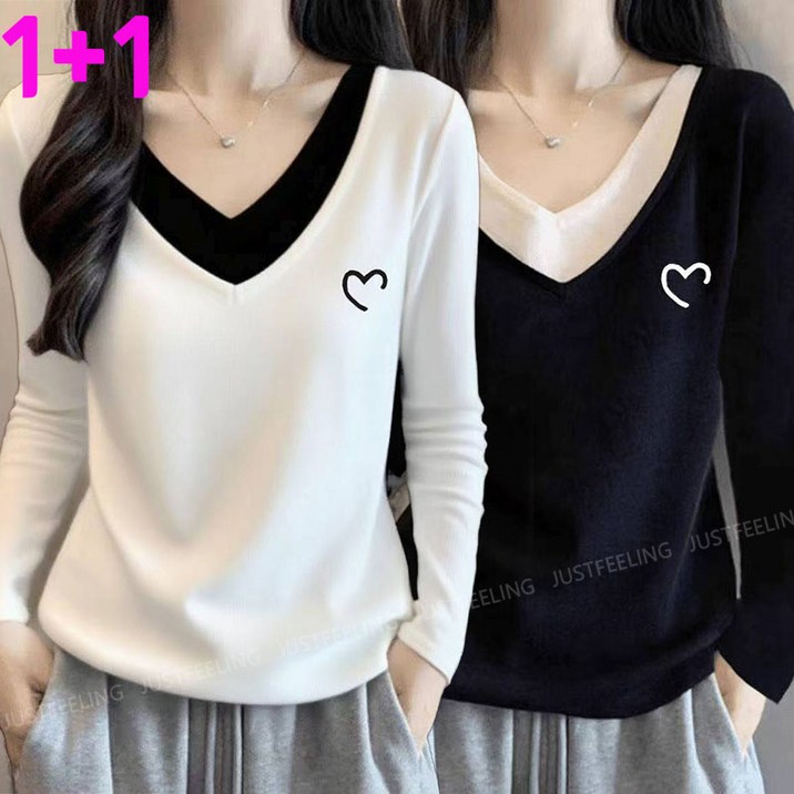 112벌 레이어드 여성 긴팔티 덕용 보온 박시티 브이넥 레터링 프린티 영문글짜 날씬해보이는 가을티 발열 이너티 상의