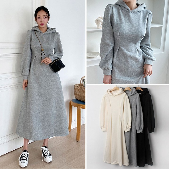 여성 빅사이즈 핀턱 기모 무지 플레어 후드 롱 원피스 꾸안꾸 OP0429루즈핏 오버핏 여자 겨울