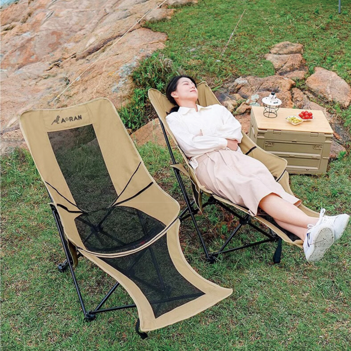 AORAN 캠핑의자 1+1 접이식 각도조절 경량 무중력의자, 2개, 카키 블랙 통풍망