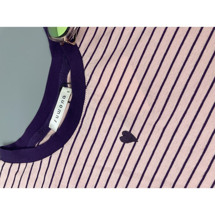 수워나 여성 하트 포인트 줄무늬 핑크 티셔츠