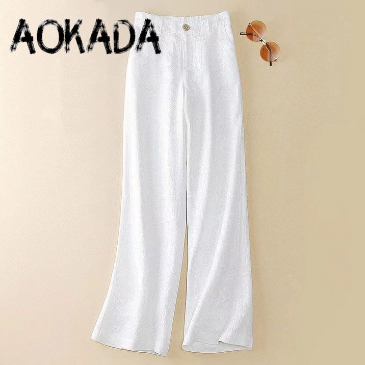 AOKADA 여성 밴딩 슬랙스 바지 빅사이즈 일자 린넨 롱 와이드팬츠