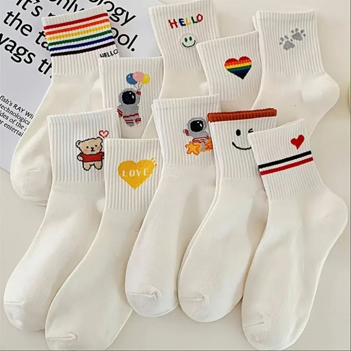 론조모니 여성용 귀여운 패션 중목 화이트 양말 10종 세트
