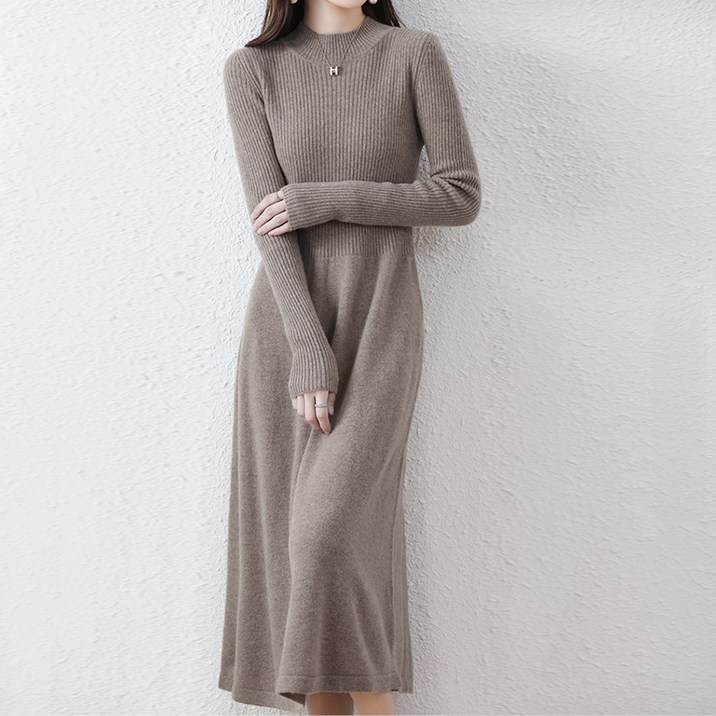 메이킹유 [체형커버/꾸안꾸] 허리잘록 쫀쫀 A라인 골지 라운드 니트 원피스 페미닌무드 7859베베니트원피스