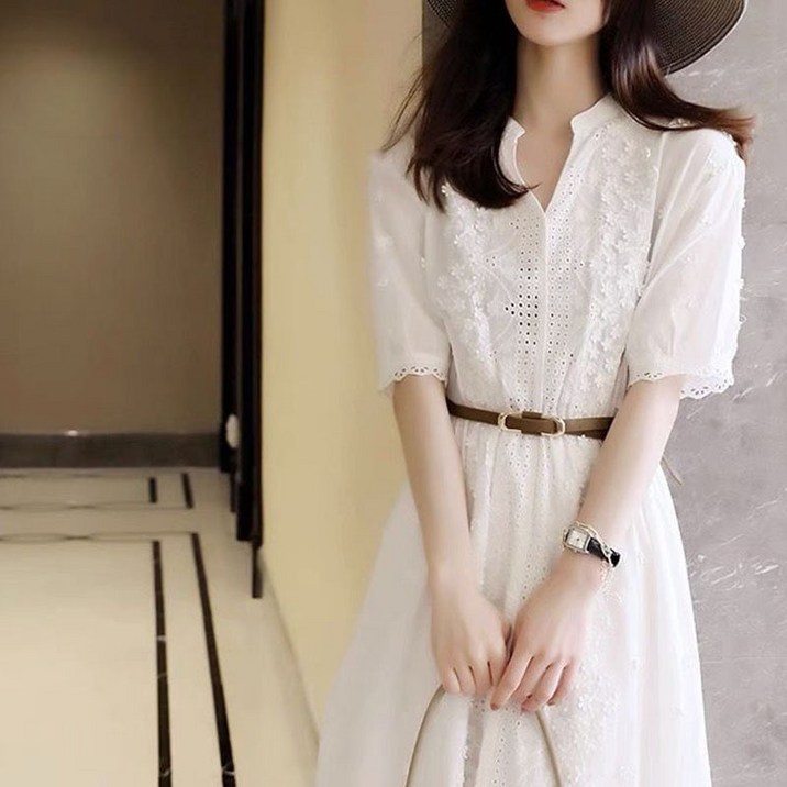 ARIA 봄여름가을 화이트 레이스 허리 중공 펀칭 여성원피스