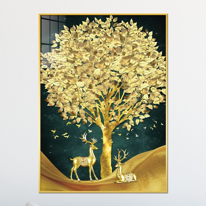아트블루 부자되는 황금 코인 나무 그림 풍수 인테리어 소품 액자, 1번 커플 사슴 황금나무 청배경 세로