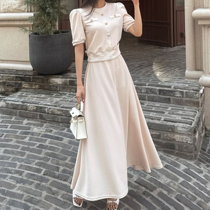 떳다그녀 아네샤 배색 니트 롱치마 투피스 금단추 니트셋업 스판 긴팔티 롱스커트