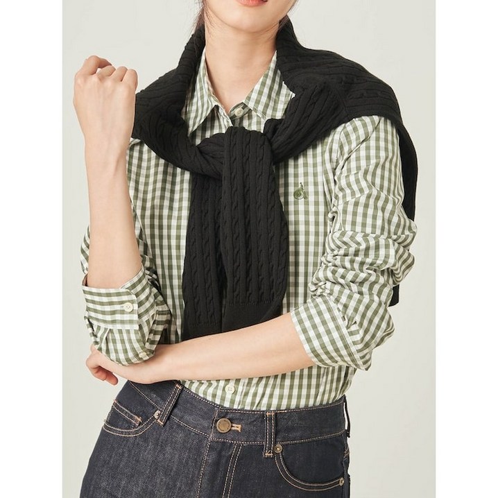 정품 빈폴 여성 긴팔 셔츠 코튼 깅엄 체크 슬림숏 카키 화이트셔츠 하객룩셔츠 루즈핏셔츠