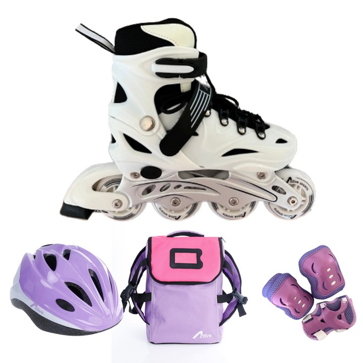 인라인세트 사이즈 조절형 아동용 발광바퀴 인라인 스케이트헬멧보호대가방, 솔리드화이트퍼플, 1개