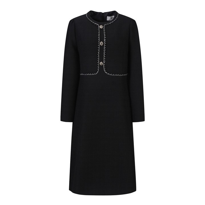 베스띠벨리 신상 겨울 원피스 할인  브레이드 포인트 블랙컬러 트위드 롱 원피스   정상가 459,000원 검정색 겨울 정장 원피스