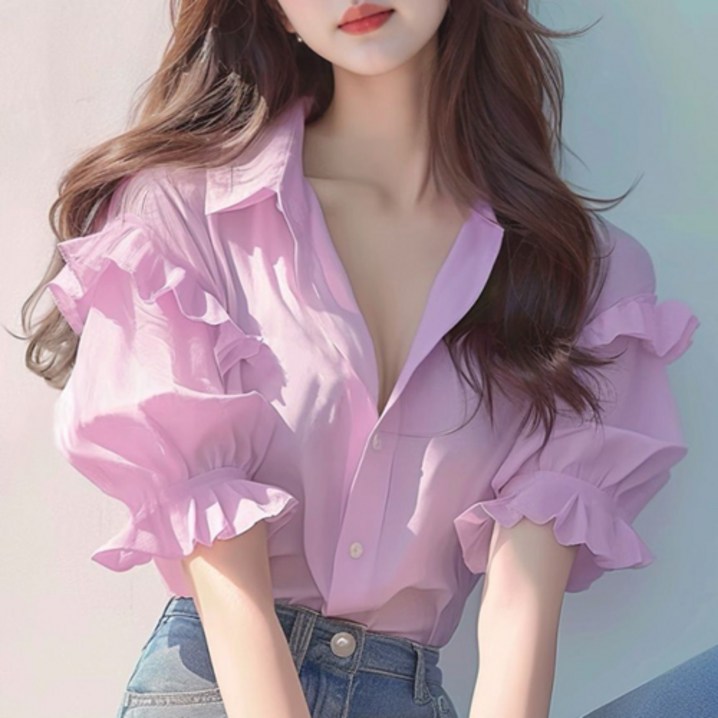 루비루 RB3090 카라넥 소매 벌룬 프릴 반팔 블라우스 루비루 RB3090 카라넥 소매 벌룬 프릴 반팔 블라우스