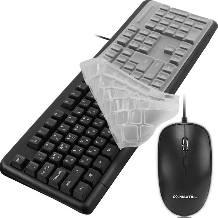 맥스틸 USB 유선 키보드 저소음 마우스 세트 + 키스킨, 일반형, MO-MK1000S, 블랙