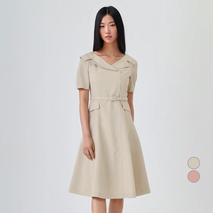 라인어디션 여성용 잔체크 오픈카라 벨티드 원피스