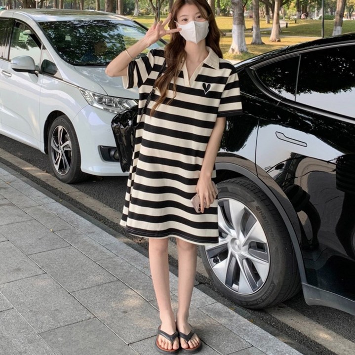 라인엘 카라넥 스트라이프 반팔 여성 원피스 여름