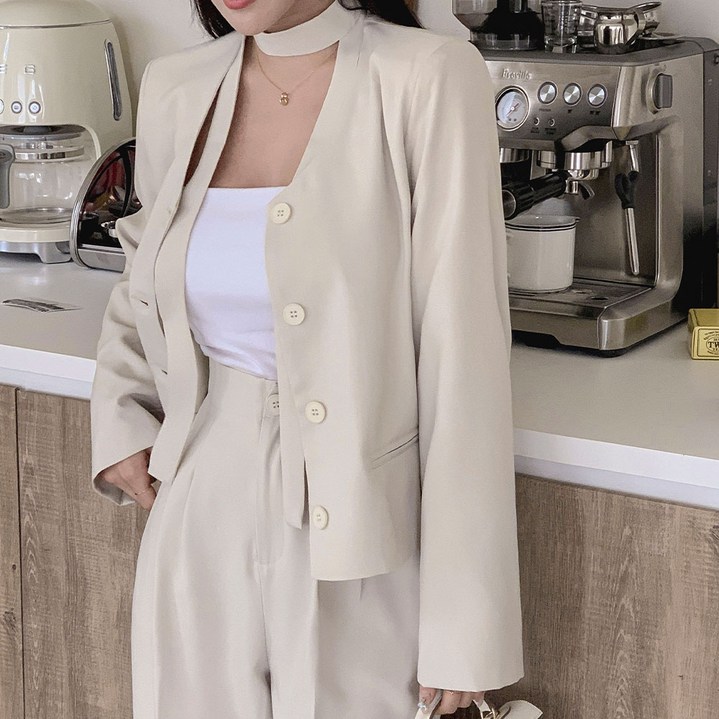 떳다그녀 페일톤 노카라 자켓 슬랙스 스트랩 정장 오피스룩 하객룩 수트 셋업 투피스 핀턱팬츠 세트