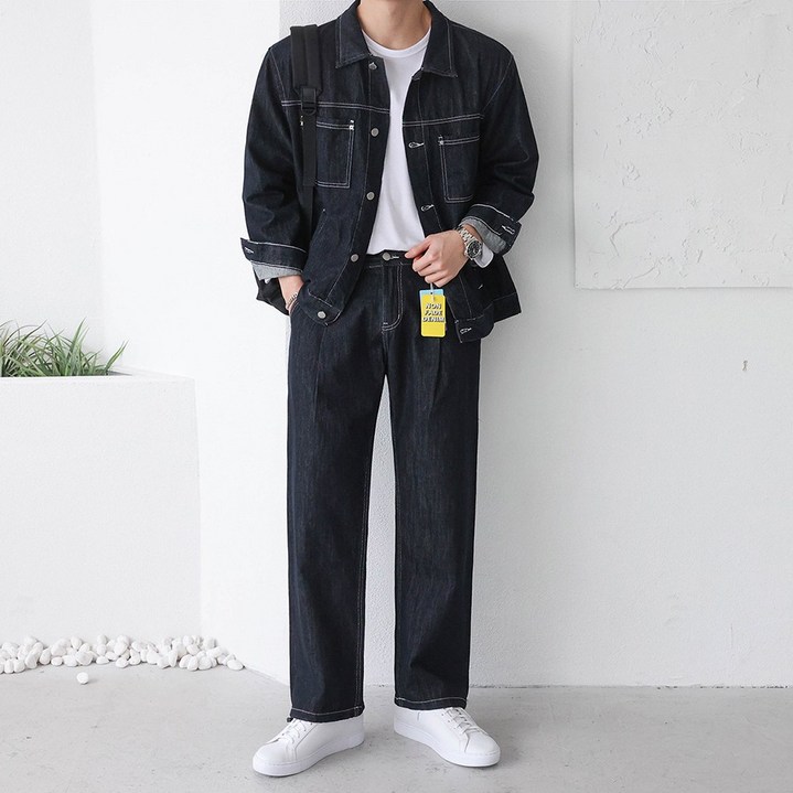 베이직바이블 SET논페이드 이염없는 생지 데님 자켓와이드 데님2color