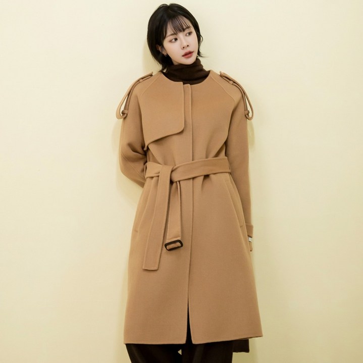 [미쎄] 울100 트렌치스타일 핸드메이드코트 노카라 라운드넥 벨티드 브라운