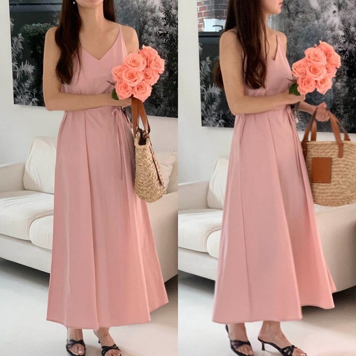 SINNO 여자 브이넥 끈나시 허리끈 벨트 a라인 하객룩 롱원피스 여름 하와이룩