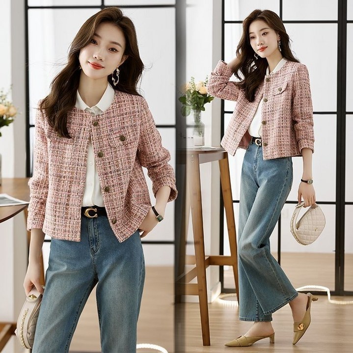 SAHINER 봄가을 크롭 재킷 여성 오피스룩 캐주얼 버튼 세미루즈핏 자켓 LJ1326