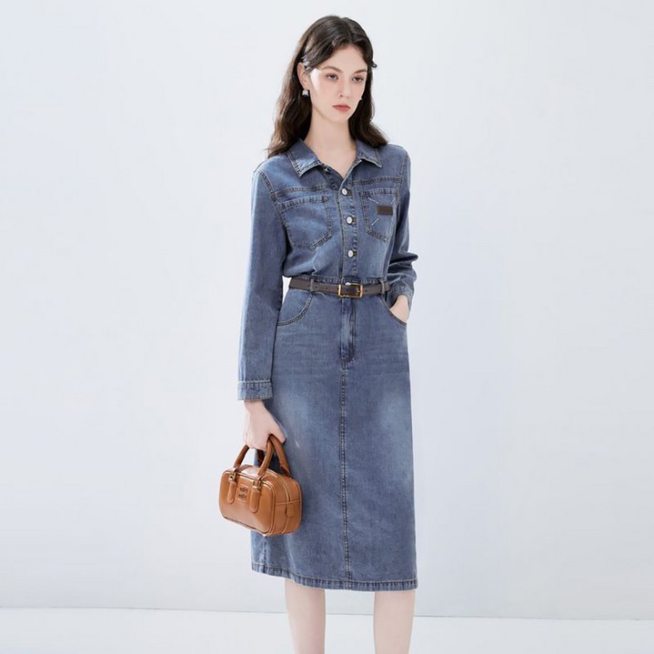 지고다그 여성용 춘추용 긴팔 데님 원피스 벨트 슬림 캐주얼 원피스 YY31995