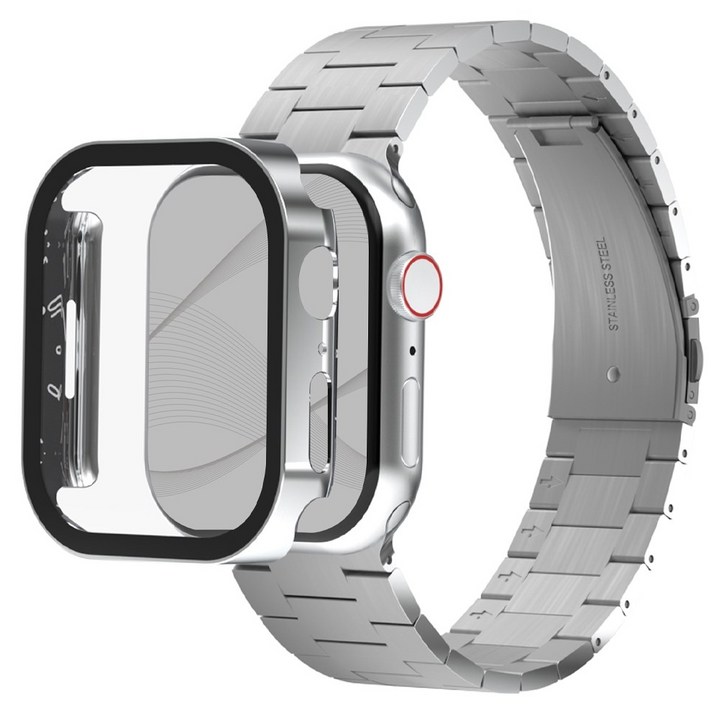 아이메이드잇 애플워치 호환 로이스 메탈 스트랩 + 풀커버 보호 일체형 케이스, 실버