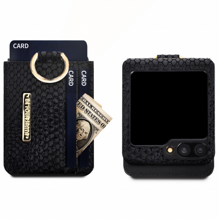 비유어산타 블랙맘바 갤럭시 Z플립 링 지갑 이태리가죽 힌지보호 카드 수납 휴대폰 케이스