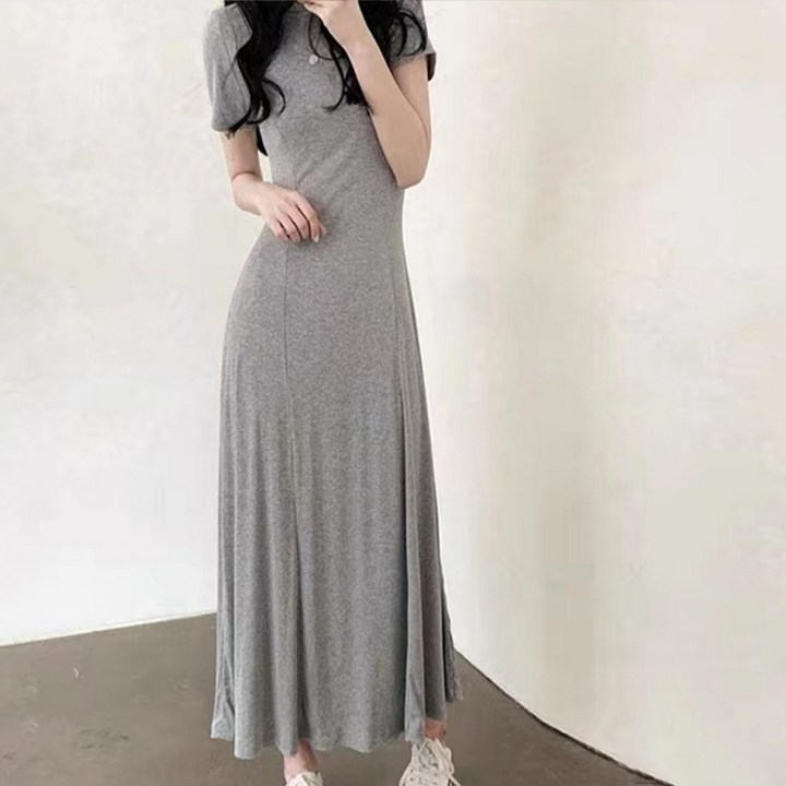 페이퍼먼츠 슬림핏 절개라인 반팔 통기성 롱 원피스 22121