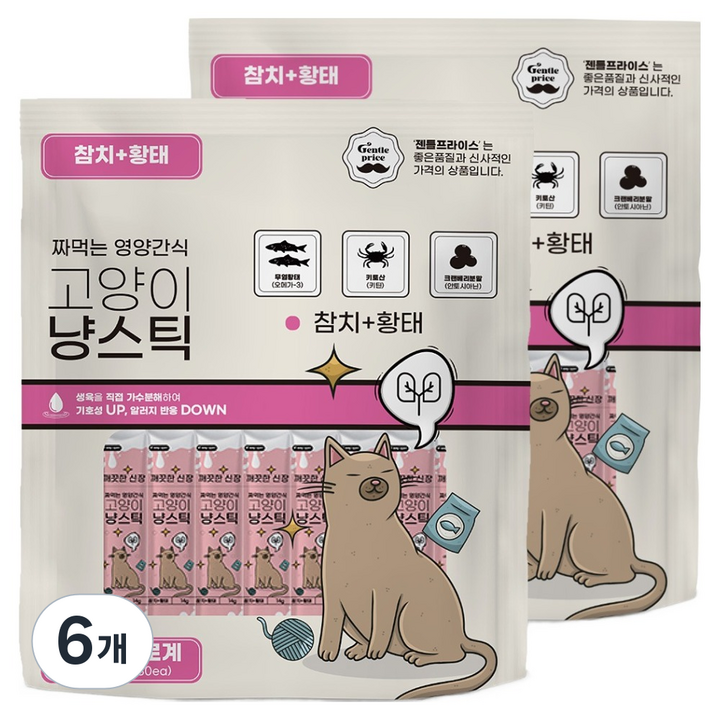 젠틀프라이스 고양이 국내산 냥스틱 짜먹는 간식 30p, 420g, 6개, 혼합맛참치황태