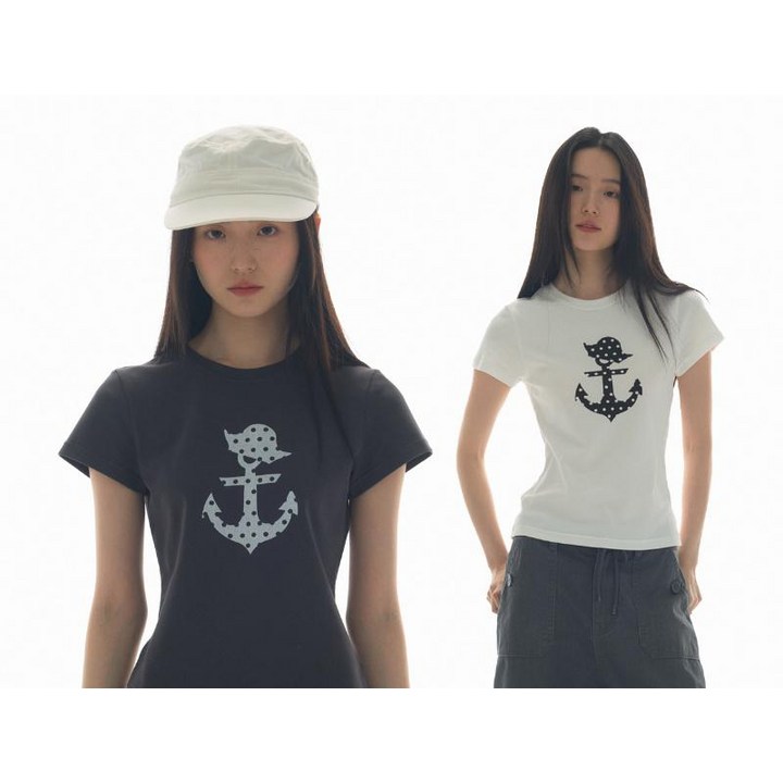 도트 프린트 라운드넥 반팔 닻 티셔츠 여성용 루즈핏 상의