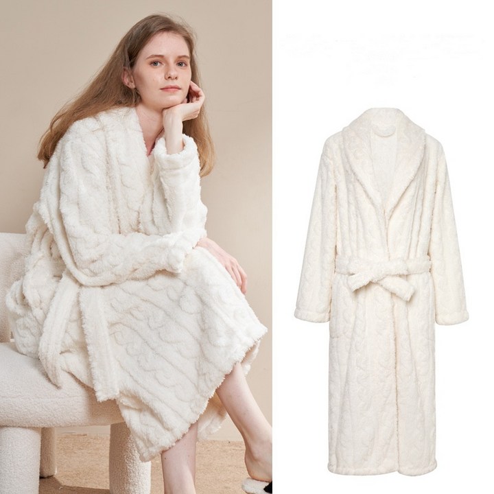 KDNC 겨울 극세사 잠옷 수면 로브 목욕 샤워가운, 1개, 화이트