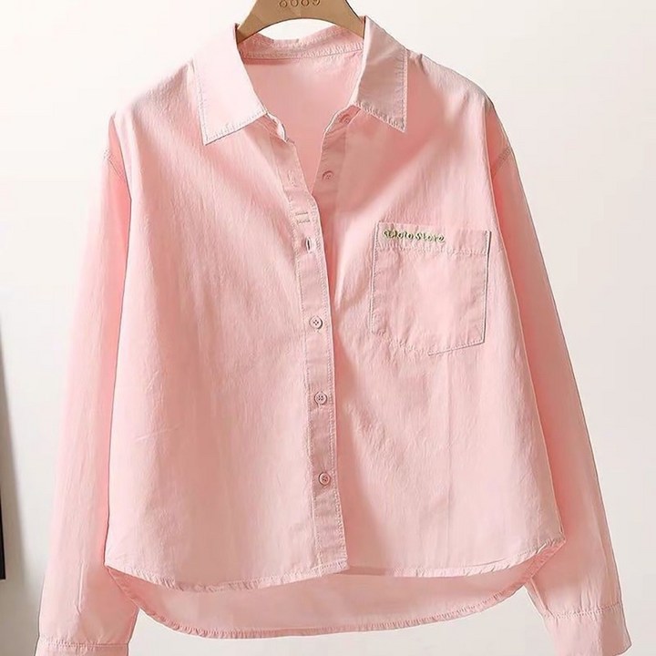 ROYALBELLE 여성 카라넥 자수 포켓 긴팔 셔츠 루즈핏 베이직 디자인 데일리 긴팔 남방 D008015210